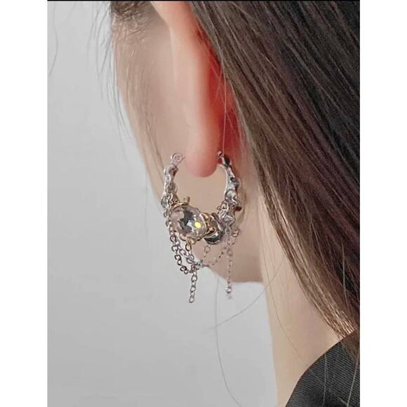 NEW Earrings Two Tone Crumpled Molten Metal Silver Gold CZ Unique N14 - Picture 4 of 5